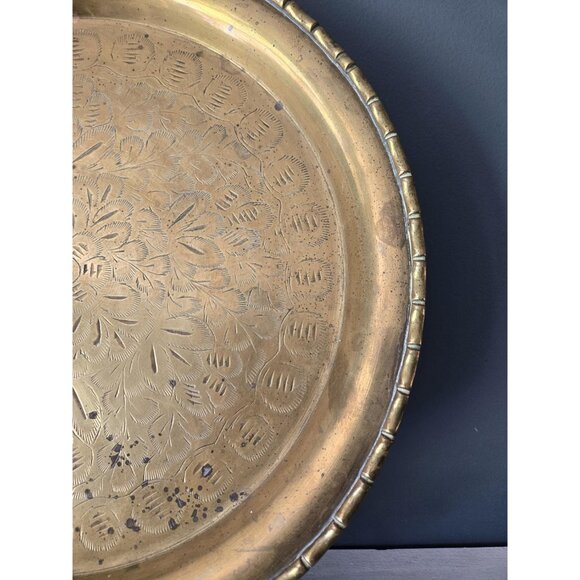 Solid Brass Etched Tray with Floral Engravings Large Shallow Decorative Platter - Picture 9 of 10